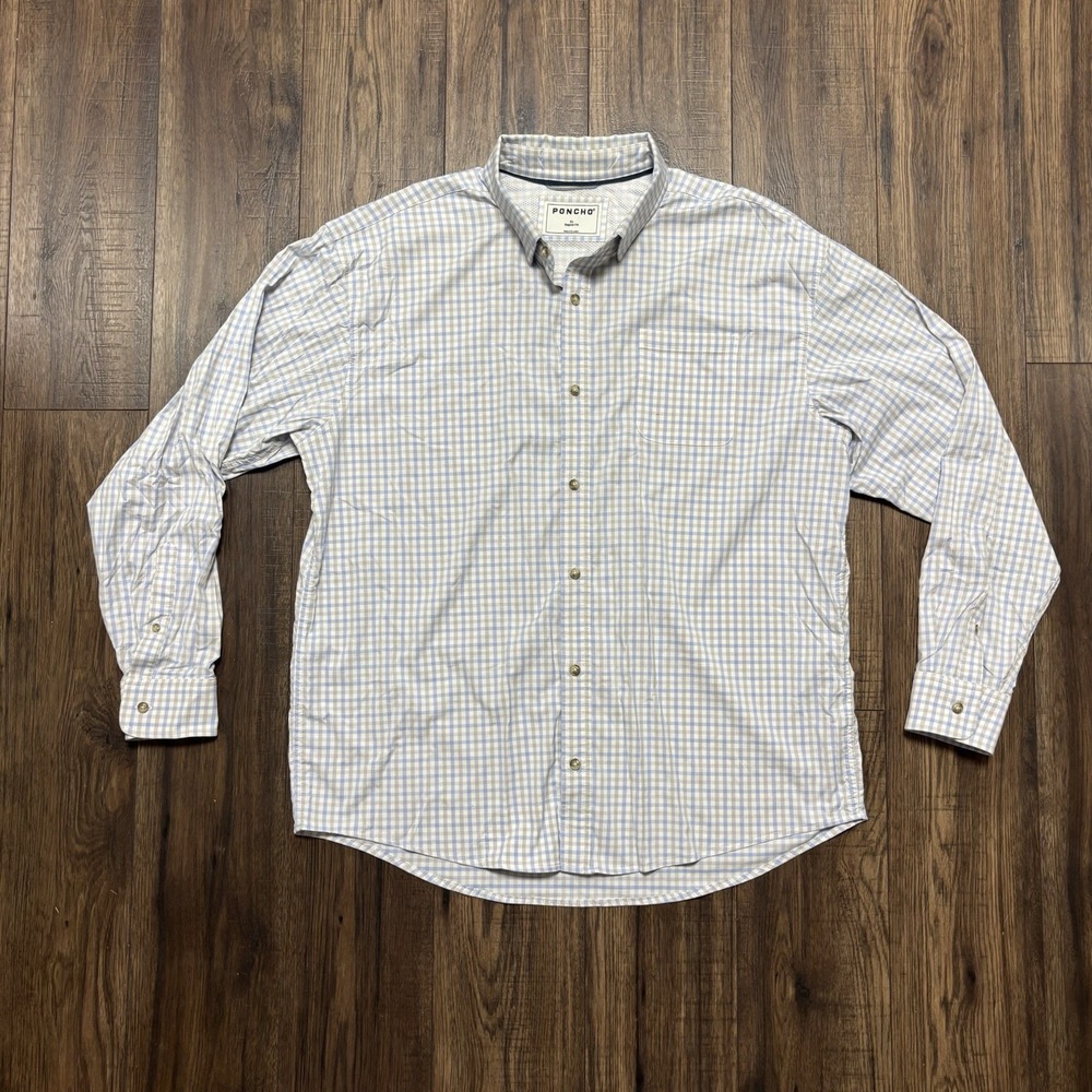 Poncho Performance Button Shirt Men's Size XL Regular Fit Blue Tan Plaid